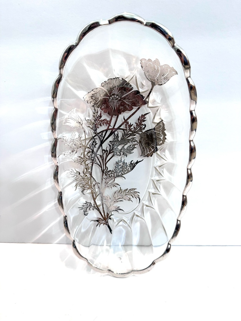Vintage Silver Overlay Oval Glass Dish with Scalloped Edges 11”